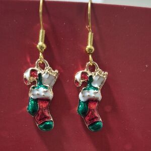 3/$16🎁 Christmas Stocking Candy Cane Dangle Earrings | Festive Enamel Gold Tone